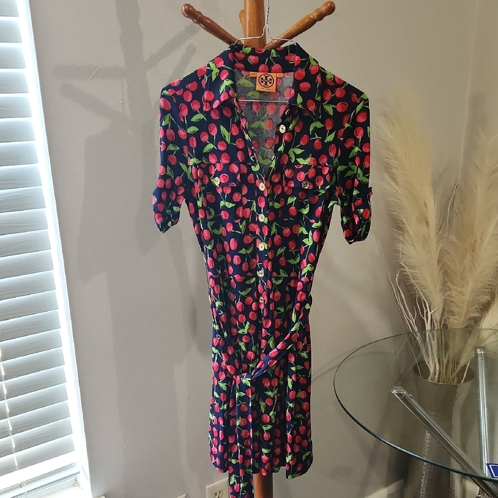 Tory Burch blkcherry Print Stretch Shirt Dress with Notched Collar And Self Belt